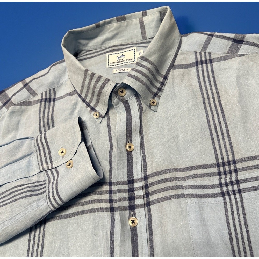 Southern Tide Linen Blend Shirt Men's XL Trim Fit Blue Plaid Long Sleeve‎ Button